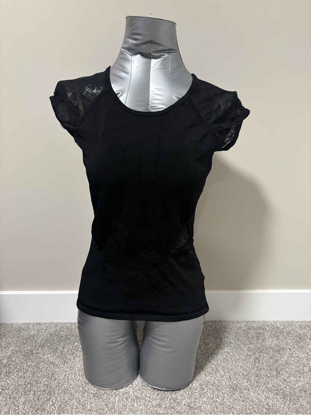 Marciano Black Short Sleeve Top with Sheer mesh Cap Sleeves